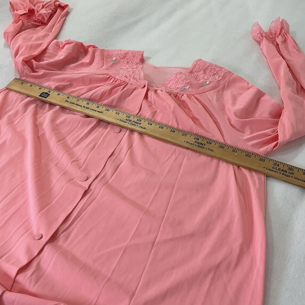 Vintage Shadowline Button-Front Full Length Robe Pink Lace Bodice & Trim Medium - Picture 7 of 16